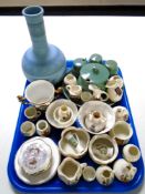 A tray containing assorted ceramics including commemorative china, Goss crested pieces,