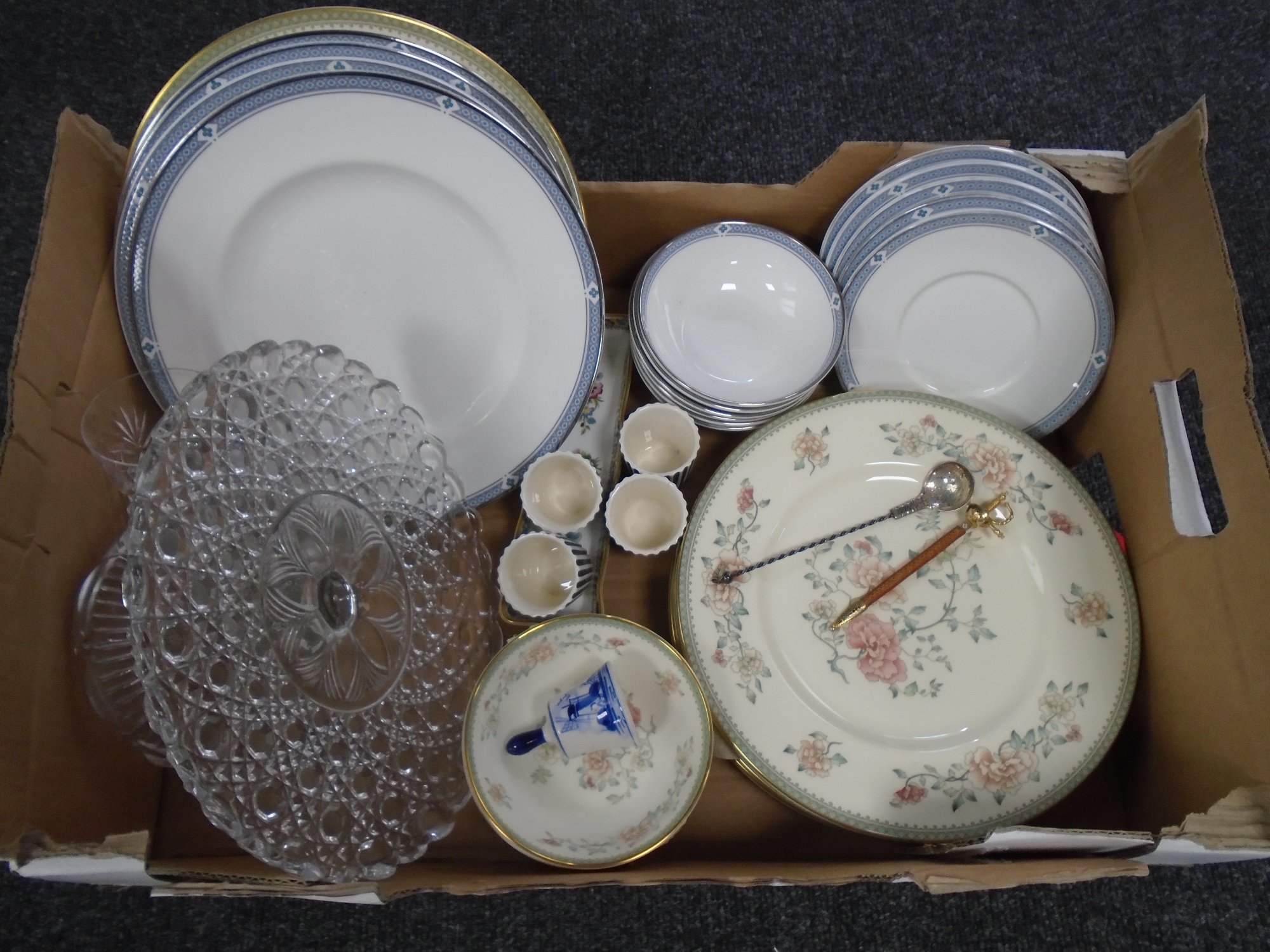 A box containing Royal Doulton Romsey and Minton Jasmine dinnerware, glass comport, caddy spoon etc.