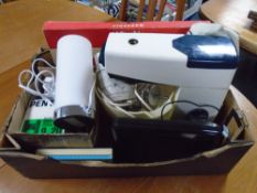 A box of Kenwood food mixer, Pentax 19 x 20 binoculars, Bush portable DVD player,