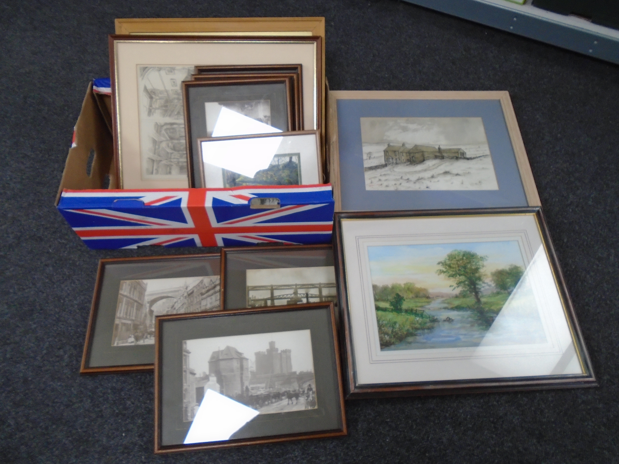 A box containing assorted pictures and prints including Simpson watercolour of a farmstead,