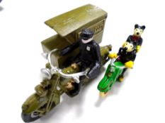 Two cast iron figures, 1930s American postman on motorbike together with Mickey Mouse on motorbike.