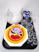 A tray of assorted ceramics, Ringtons jug, Wedgwood Clarice Cliff limited edition plate, glassware,