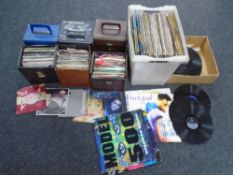 A box, a crate and six cases containing vinyl 78s, LPs and 45s including Phil Collins,
