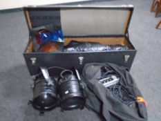 A case and holdall containing an Easi-Rect projection surface, a pair of stage lights,
