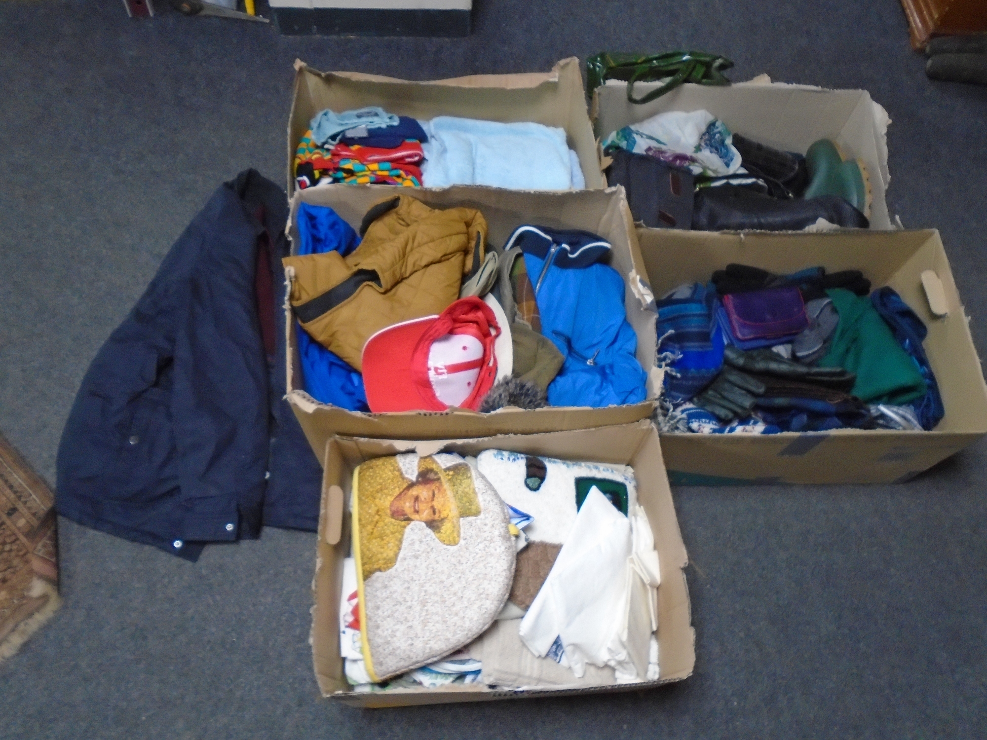 Five boxes of gent's clothing, scarves, gloves, Wellington boots,