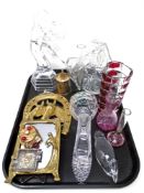 A tray containing assorted glassware including a crystal figure of dancers, bud vases, basket etc.