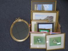 A box of ornate gilt framed bevelled mirror, Rex Flood signed prints,
