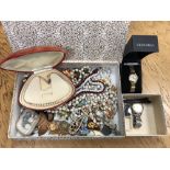 A box of costume jewellery, wristwatches,