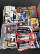 A pallet containing six boxes and a bag of books including reference, health, children's,