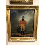 A gilt framed over painted print laid to canvas depicting a soldier,