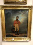 A gilt framed over painted print laid to canvas depicting a soldier,