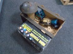 A box containing DJ lights, boxed mini fogger.