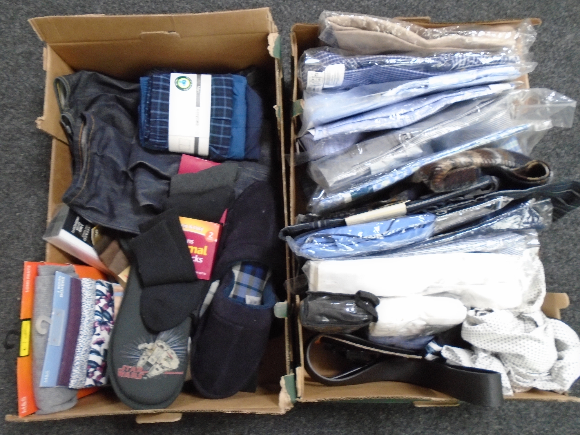 Two crates containing a large quantity of new clothing including gent's shirts, jeans,