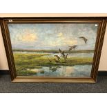 Continental school : geese in flight, oil on canvas,