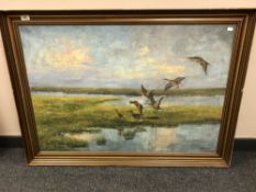 Continental school : geese in flight, oil on canvas,