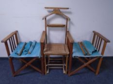 A beech rush seated valet chair together with two folding director's chairs