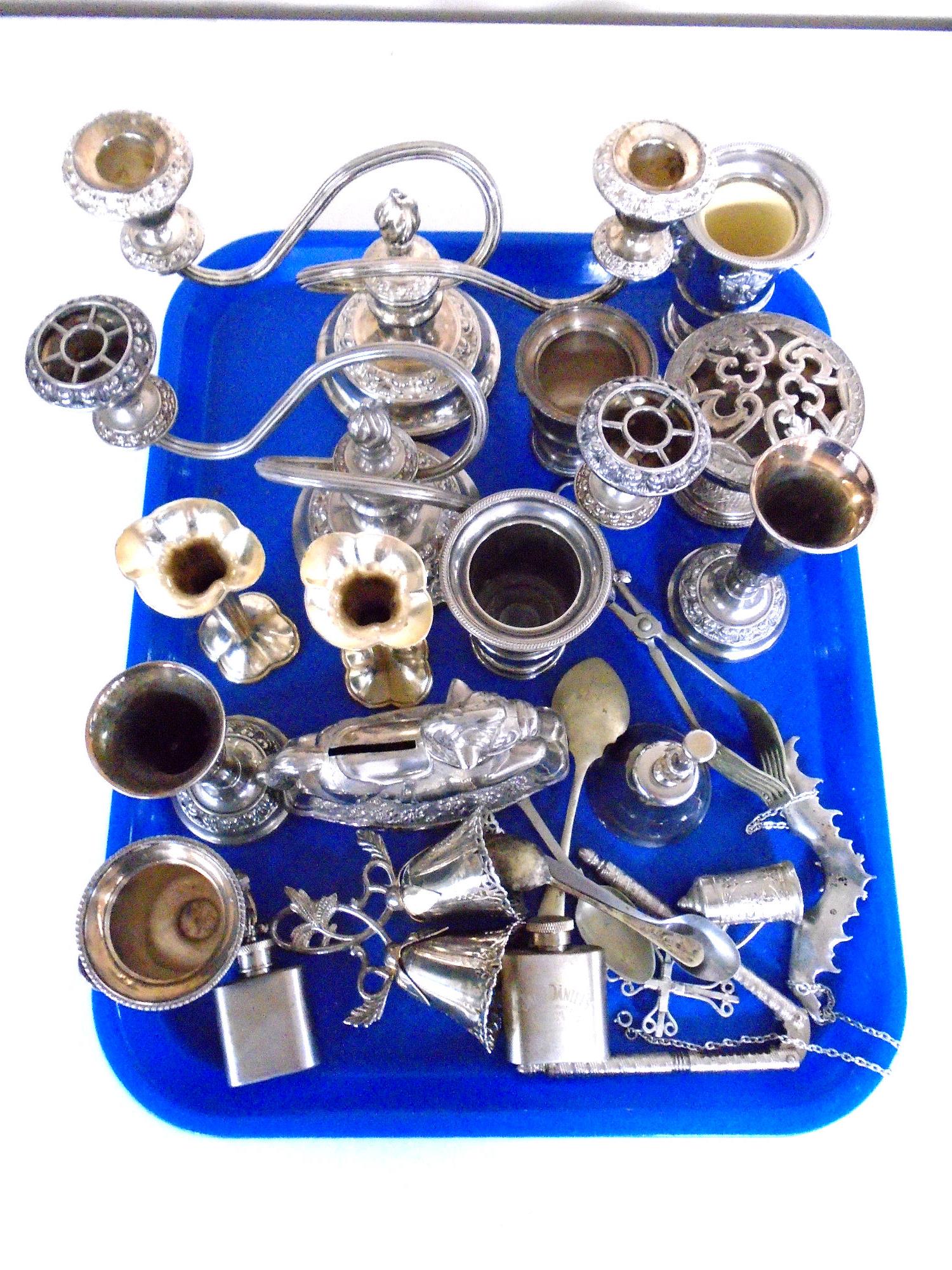 A tray containing assorted plated wares including vases, table candelabra, miniature wine coolers,