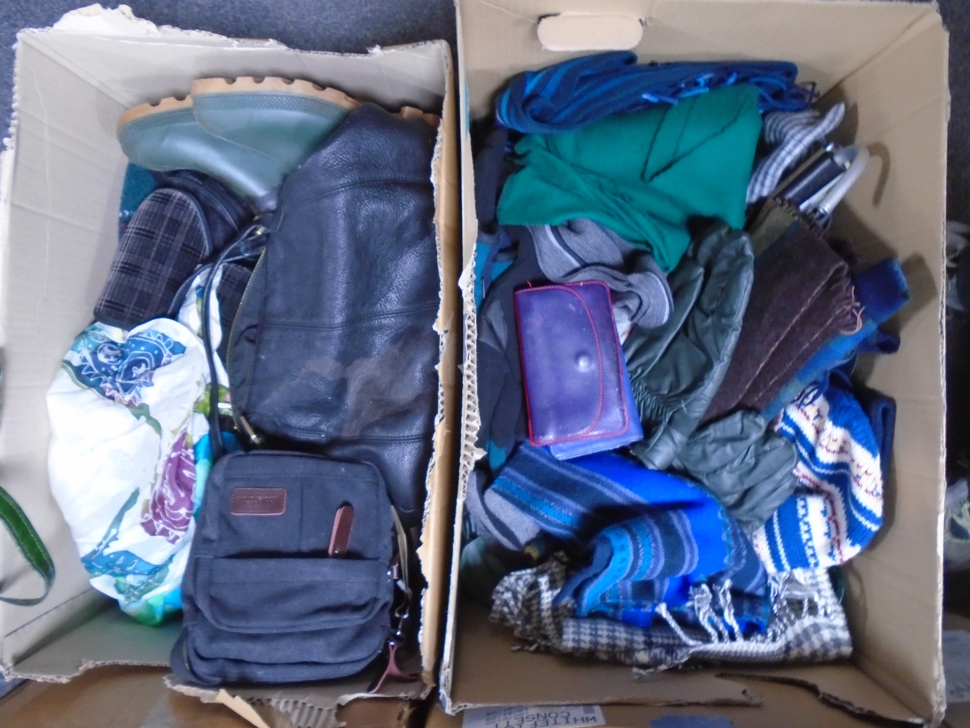 Five boxes of gent's clothing, scarves, gloves, Wellington boots, - Image 2 of 3
