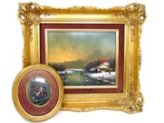 A Dutch oil on panel depicting figures on a frozen river in decorative gilt frame together with a