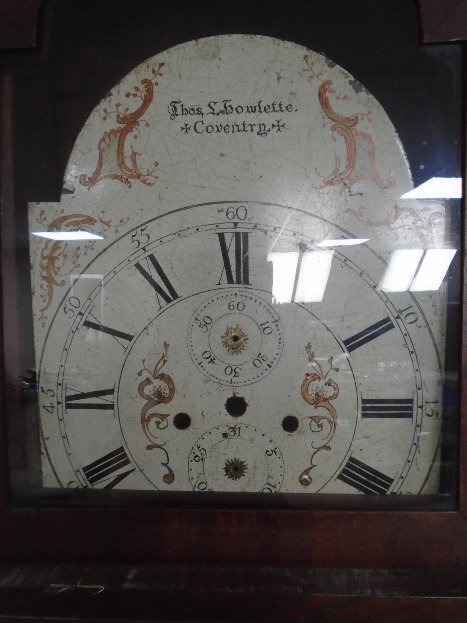 A 19th century mahogany longcase clock case with painted dial signed Thos S Howlette, - Image 2 of 2