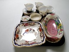 A tray containing assorted ceramics including six Royal Stafford tea cups with saucers,