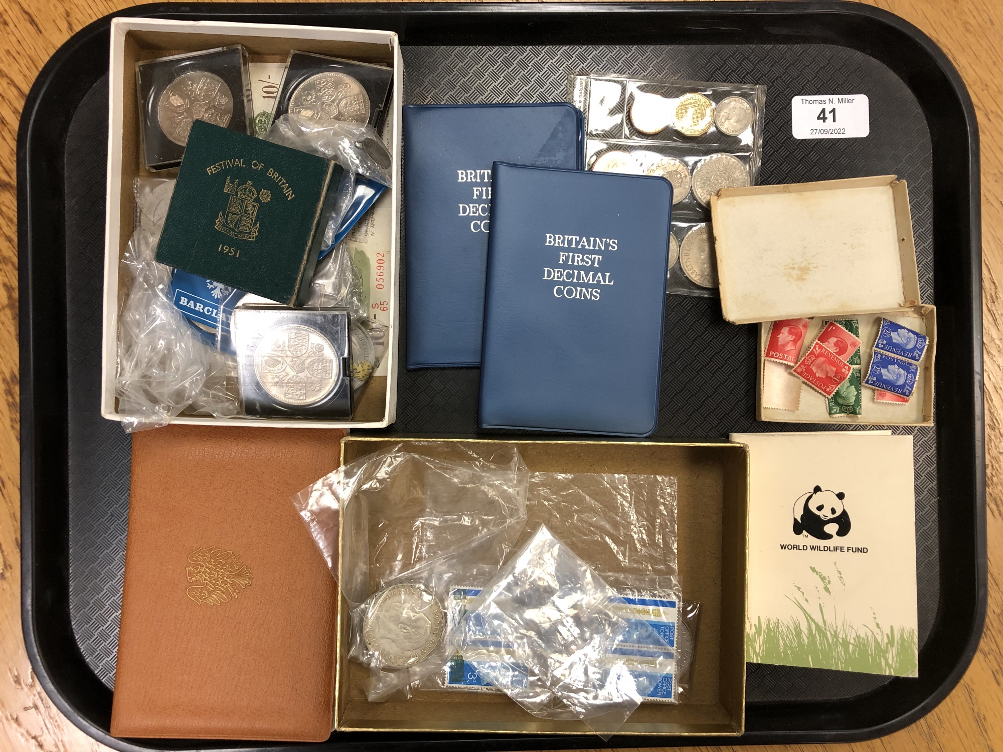 A tray of coins, Britain's First Decimal Coins sets, stamps,