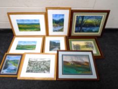 A box containing nine David Belilios watercolours, landscape scenes, signed and framed.