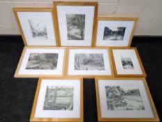 A box containing eight David Belilios watercolours and drawings, signed and framed.