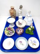 A tray containing assorted ceramics including a Nao figure, Coalport figures Celeste (AF) and Mary,