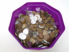 A tub containing a large quantity of pre-decimal British coinage, Australian coinage,