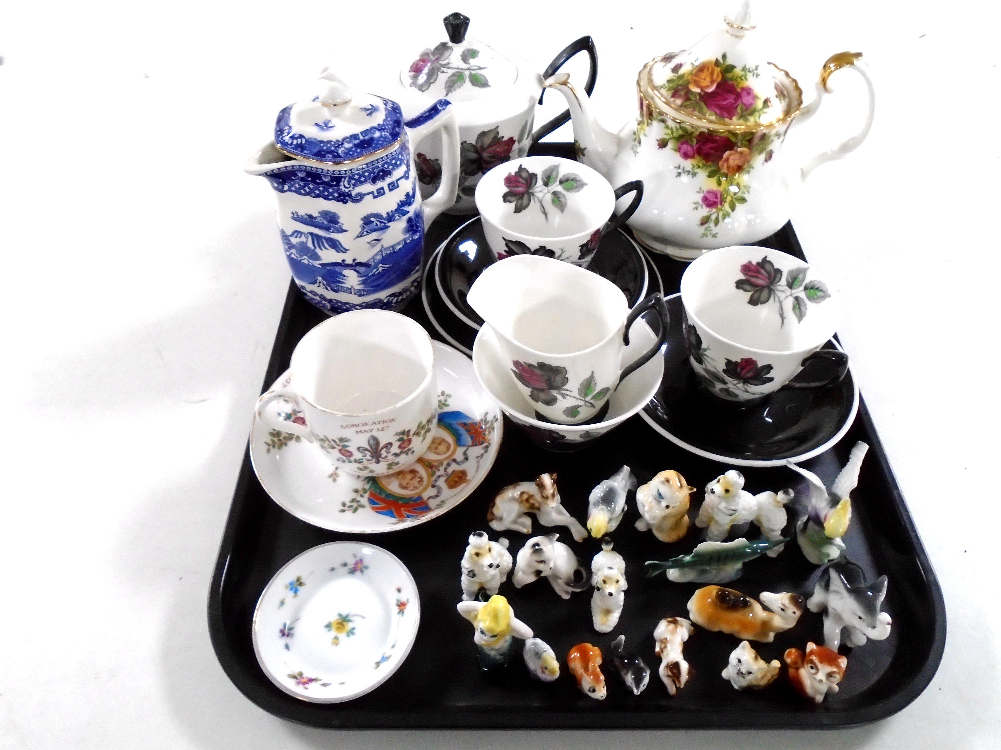 A tray containing assorted ceramics including Royal Albert tea for two,