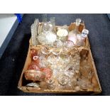 Two boxes containing 20th century glassware including decanters, wine glasses,