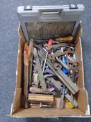 A box containing a quantity of assorted hand tools, cased drill bit set etc.
