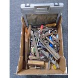 A box containing a quantity of assorted hand tools, cased drill bit set etc.