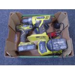 A box containing Ryobi 18v drill and impact drill with batteries and charger together with an alan