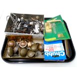 A tray containing furniture castors, door furniture, brass letterbox etc.