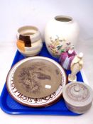 A tray containing Poole vase, Poole A Christmas Carol wall plate, a Beswick vase, figures etc.