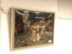 An antique crystoleum depicting figures in a garden, (38cm by 29cm).