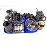 A tray containing antique and later plated wares, glassware, Royal Doulton character jug.