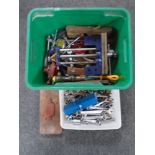 Two boxes containing assorted hand tools including joiner plane, spirit level, spanners,