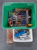 Two boxes containing assorted hand tools including joiner plane, spirit level, spanners,