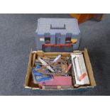 A toolbox stool and a further box containing hand tools, planes, drill bits etc.