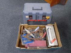 A toolbox stool and a further box containing hand tools, planes, drill bits etc.