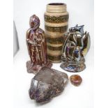 A tray containing West German pottery vase, large rock crystal specimen and one smaller example,