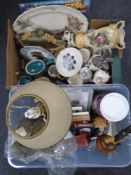 Two boxes containing ceramics by Wade, The Beatles plate, tea ware together with wool,