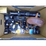 A box containing a set 7x50 field glasses in case, Olympus AF Zoom camera, assorted lenses,