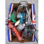 A box containing power tools including Black & Decker sander, electric drill, circular saw,