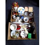 Two boxes containing Beswick sheep, lead crystal decanters, kitchen storage jars, wall plates,