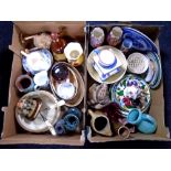Two boxes containing porcelain plates, lustre vases, Bell's whisky decanter (empty) etc.