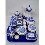 A tray of assorted Ringtons and Masons blue and white china including tea and coffee pots,